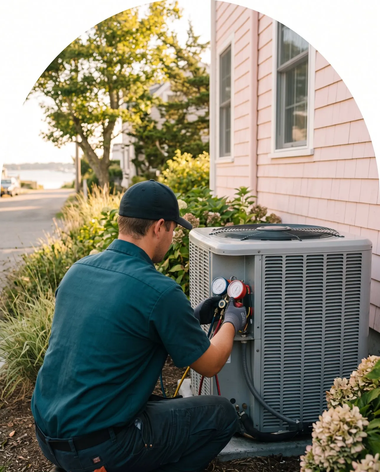 HVAC technician in a teal work shirt and cap checking the gauges on an outdoor air conditioner beside a pink shingled house